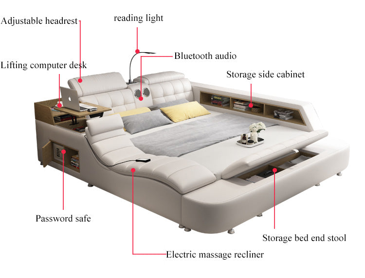 Luxury Leather Multifunctional Modern Bed Frame with Massage Chair