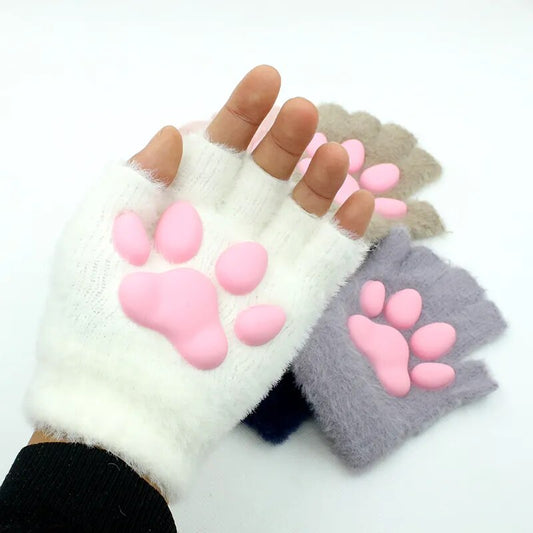 3D Cat Paw Soft Fingerless Gloves