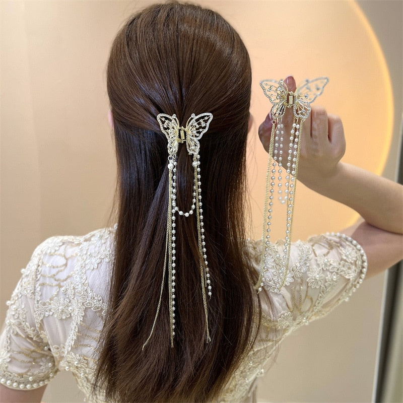 Butterfly Freedom Pearl Tassel Hair Claw