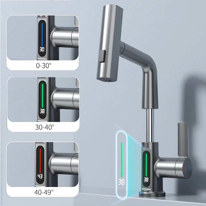 Modern Sleek Waterfall Temperature Display Faucet