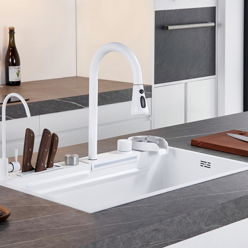 Sleek White Topmount Waterfall Stainless Steel Sink