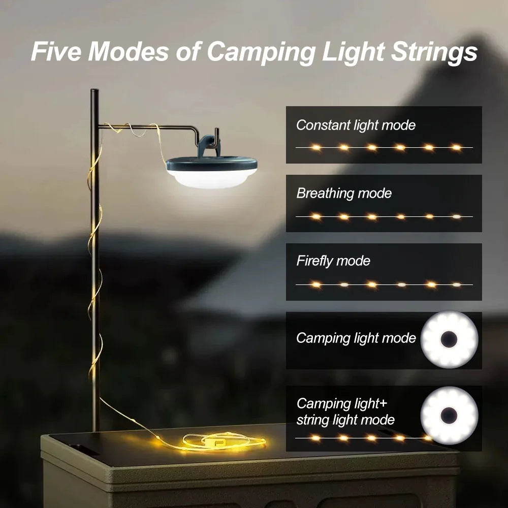 Camping String Lights: Rechargeable, Adjustable Brightness, 5 Modes - 32.8