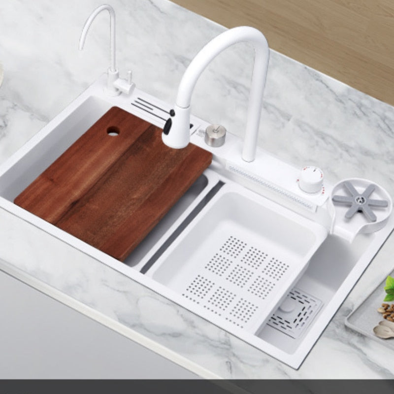 Sleek White Topmount Waterfall Stainless Steel Sink