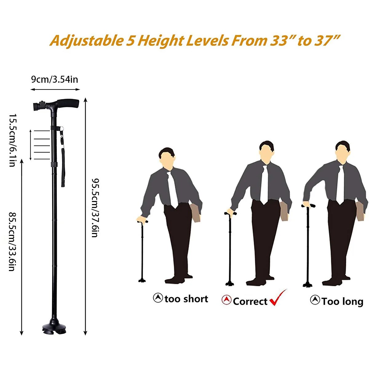Stable Adjustable LED Light Anti-slip Walking Stick