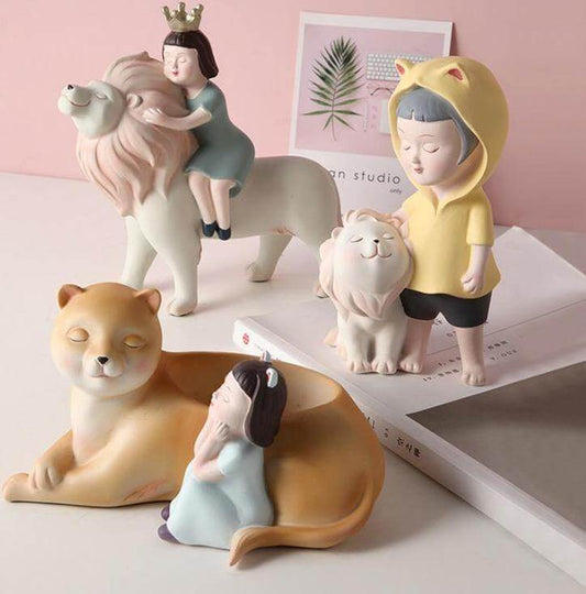 Nordic Fairy Girl With Lion Figurines