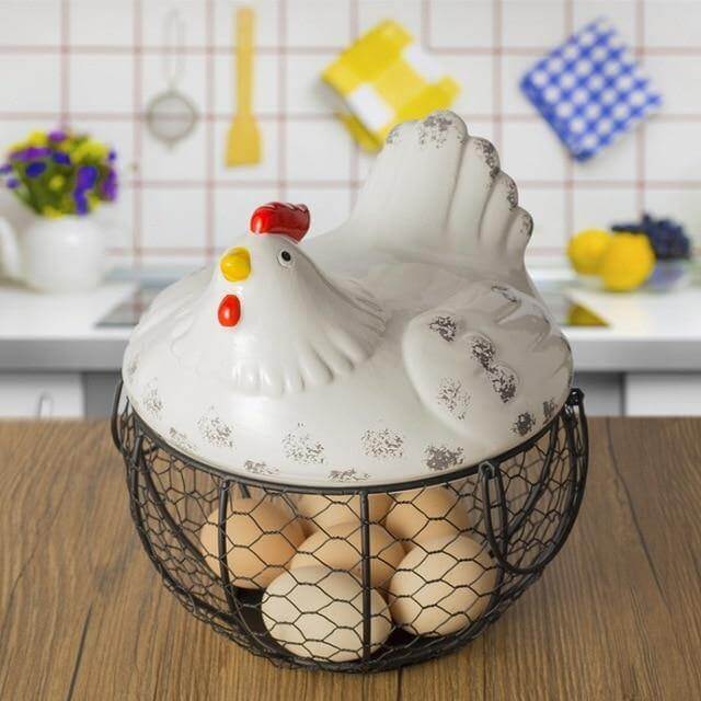 Ceramic Egg Holder Chicken with Wire Basket