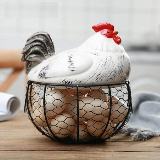 Ceramic Egg Holder Chicken with Wire Basket