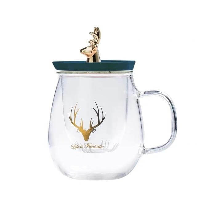 Double Wall Glass Cup With Deer Shape Ceramic Lid