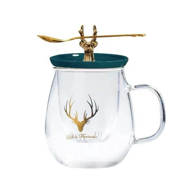 Double Wall Glass Cup With Deer Shape Ceramic Lid