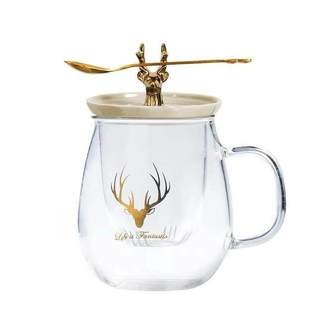 Double Wall Glass Cup With Deer Shape Ceramic Lid