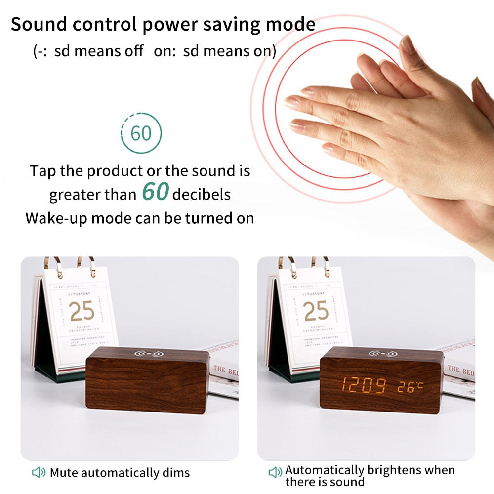 Modern Wooden Wireless Charging Alarm Clock