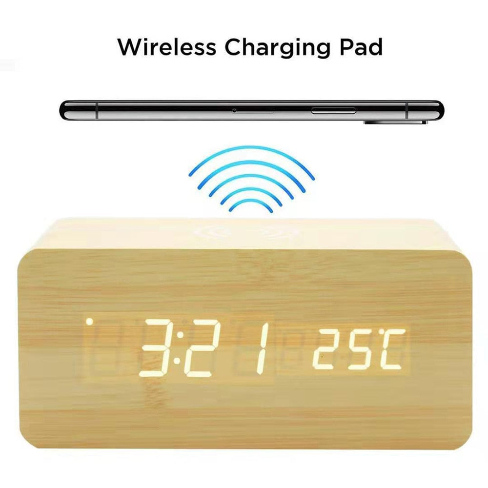 Modern Wooden Wireless Charging Alarm Clock