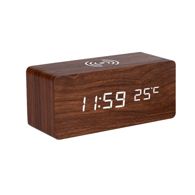 Modern Wooden Wireless Charging Alarm Clock