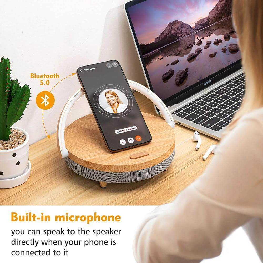 Wooden Base Wireless Charger Speaker Table Lamp - UTILITY5STORE