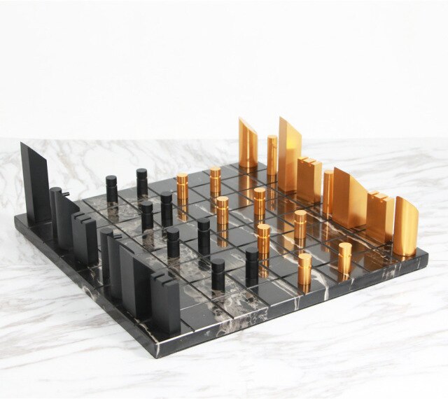 Modern Gold Black Marble Chess Board