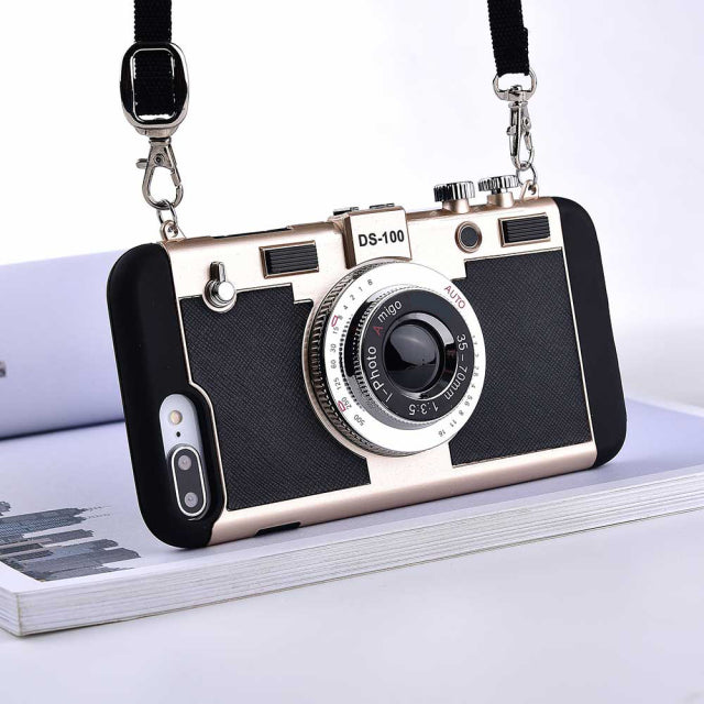 Retro Camera Silicone Iphone Cases With Long Strap Rope