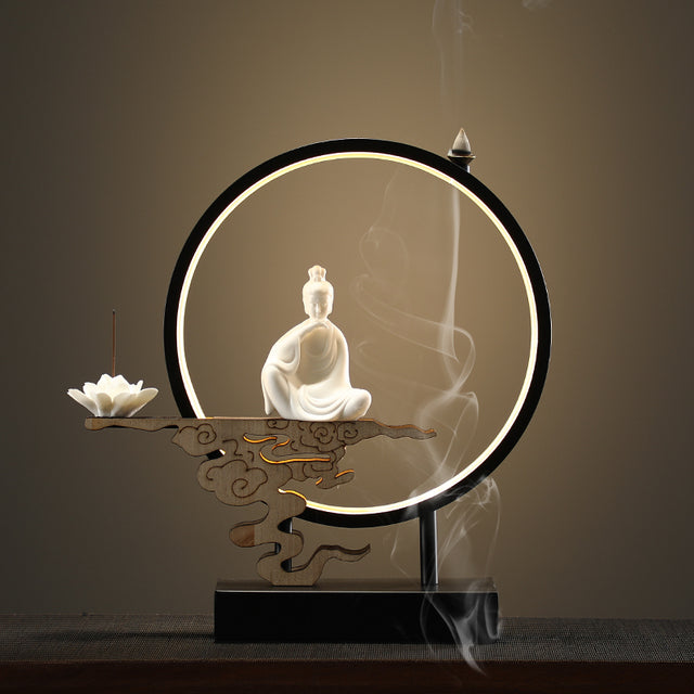 Lotus Buddha Ceramic Waterfall Incense Burner Lamp