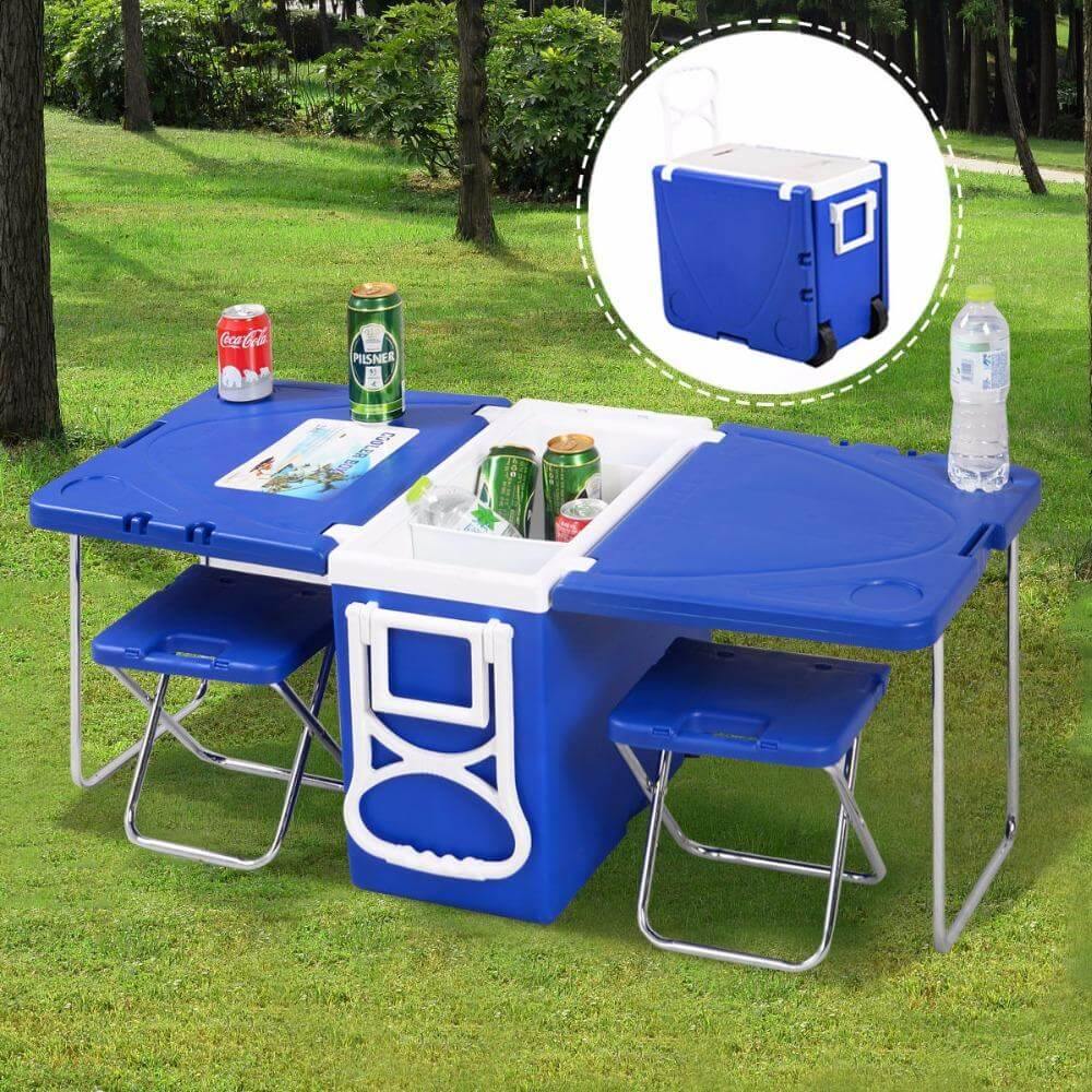 Multi Function Foldable Rolling Cooler Box Picnic Camping Outdoor Furniture Set