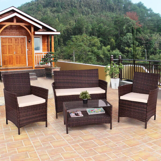 4PCS Outdoor Patio PE Rattan Wicker Coffee Table Shelf Modern Garden Sofa Furniture Set With Cushion