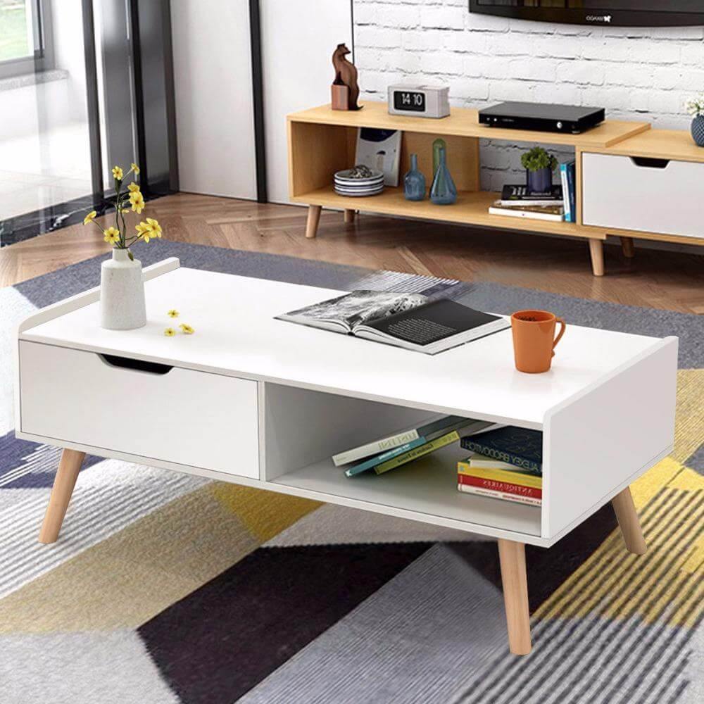 Modern White Solid Wood Coffee Table with Storage