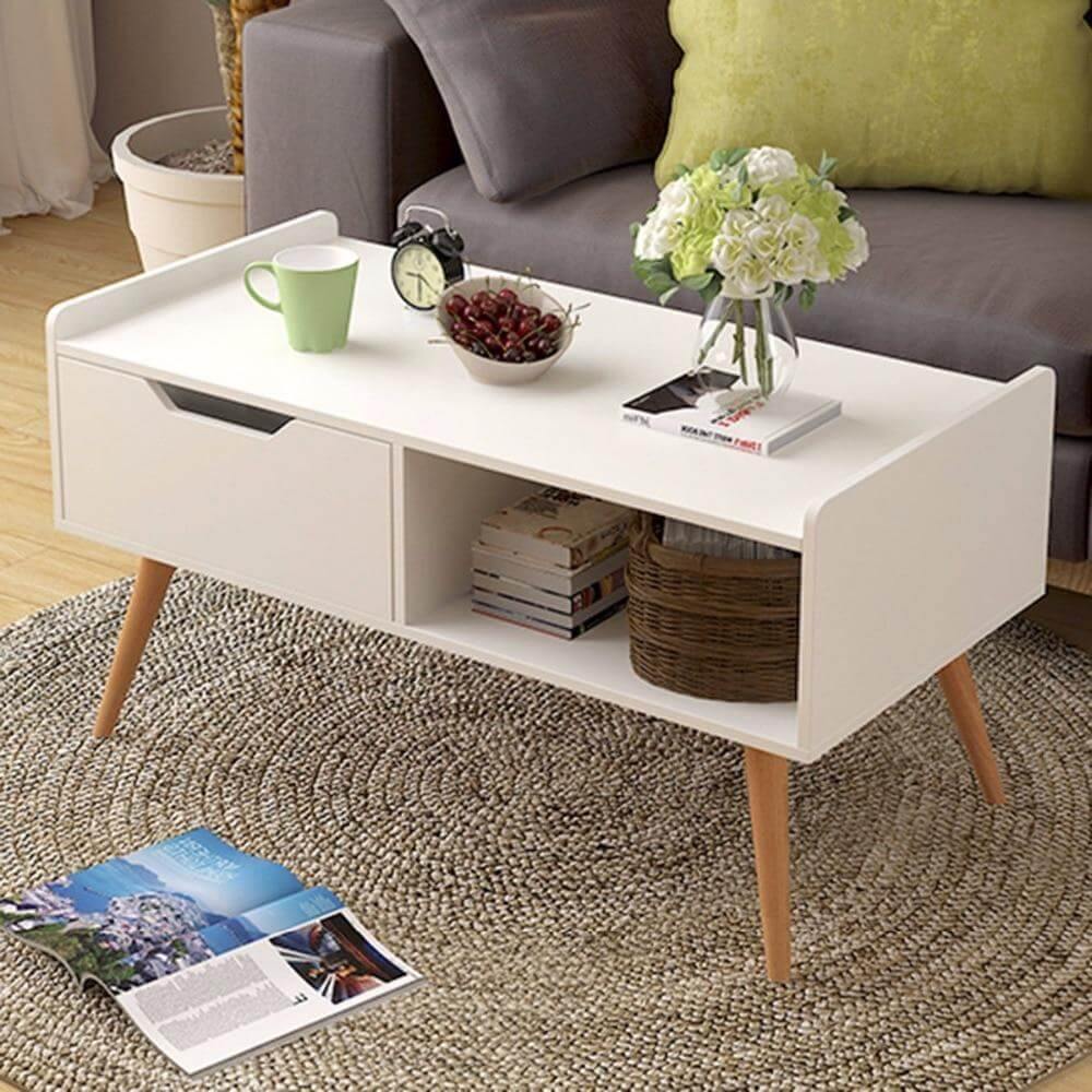 Modern White Solid Wood Coffee Table with Storage