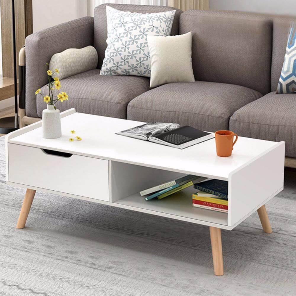 Modern White Solid Wood Coffee Table with Storage