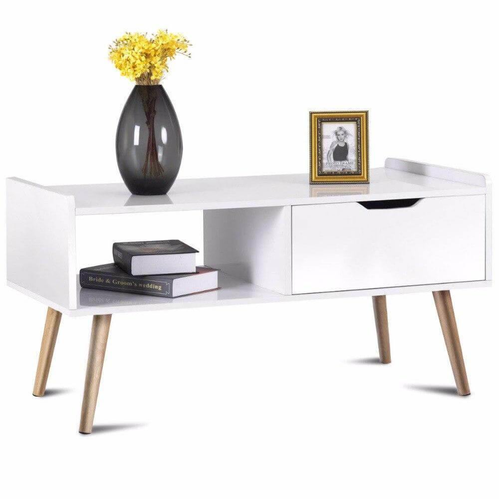 Modern White Solid Wood Coffee Table with Storage