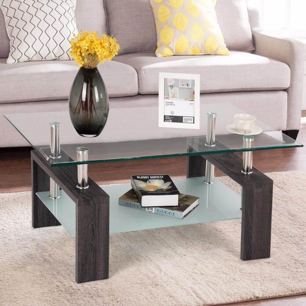 Rectangular Tempered Glass Coffee Table with Storage