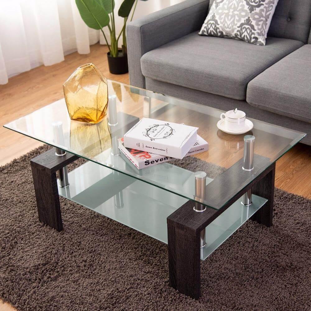 Rectangular Tempered Glass Coffee Table with Storage