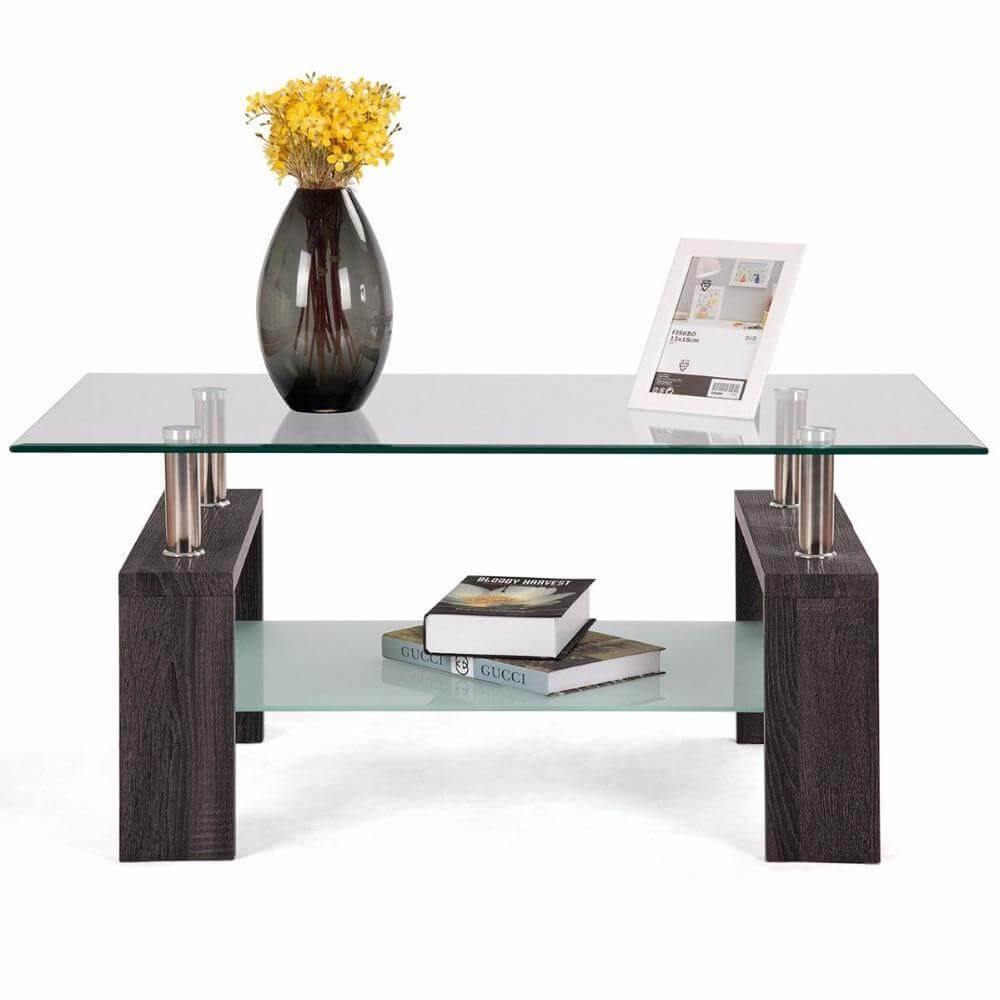 Rectangular Tempered Glass Coffee Table with Storage