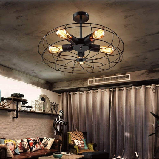 Retro 5-Light Fixture Vintage Industrial Fan Semi Flush Ceiling Pendant Lights