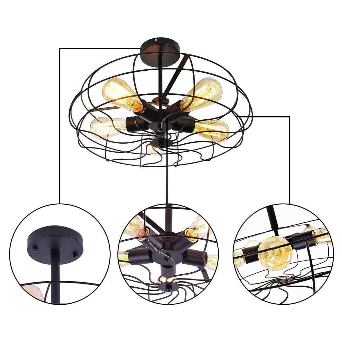 Retro 5-Light Fixture Vintage Industrial Fan Semi Flush Ceiling Pendant Lights