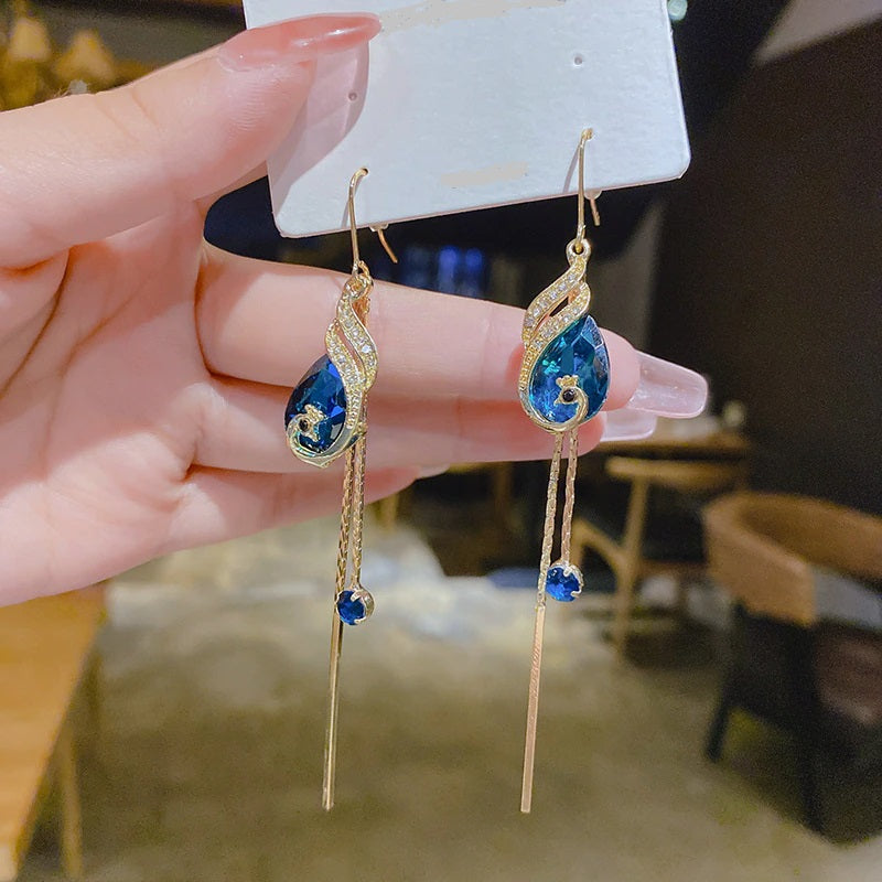 Korean Style Blue Crystal Phoenix Earrings - UTILITY5STORE